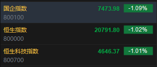 快讯：恒指低开1.02% 科指跌1.01%科网股普遍低开