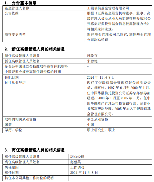 工银瑞信基金高管变更：副总经理赵紫英离任 新任朱碧艳为风险官